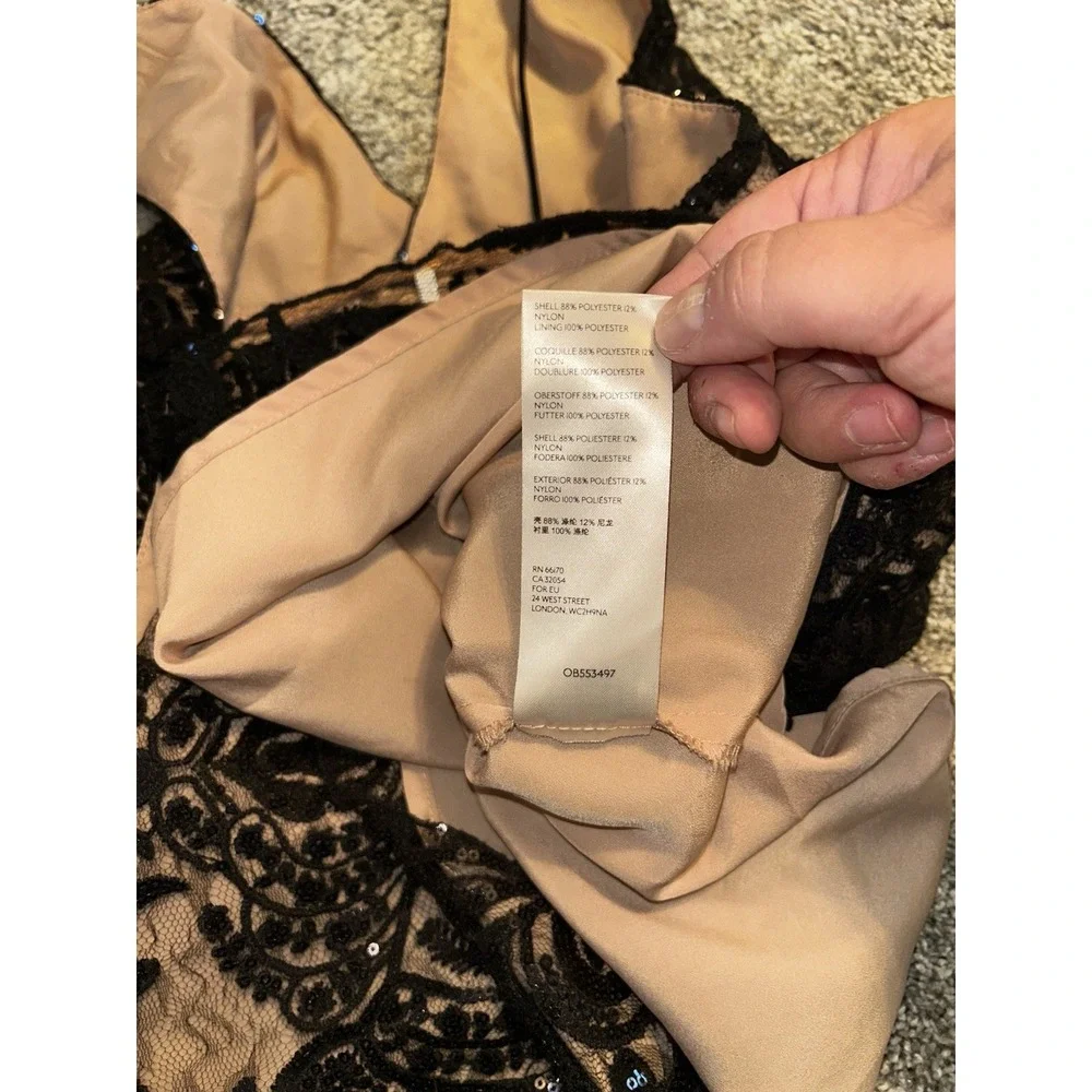 Free People Night Shimmer Mini Dress Plunge Black‎ Sequin Lace Nude Slip Party 2
